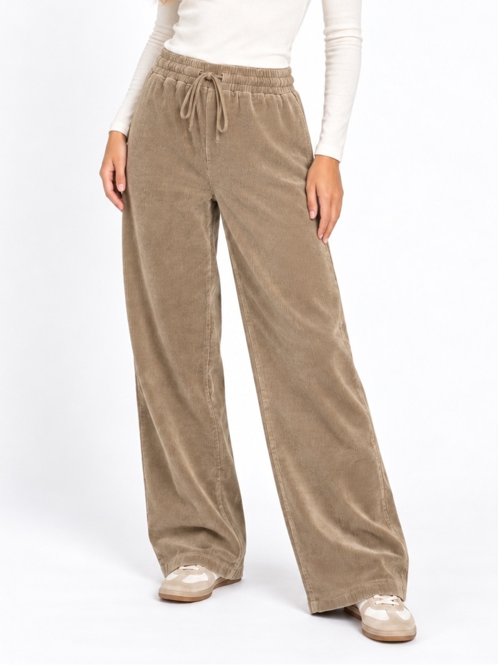 White Fox Boutique Tan Corduroy Wide Leg Drawstring Pants Size Medium